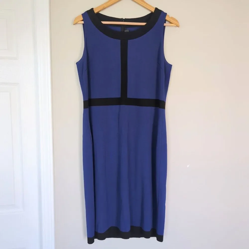 St. John Blue Black Colorblock Jacket Milano Knit Dress Set Size 6/12 Career
